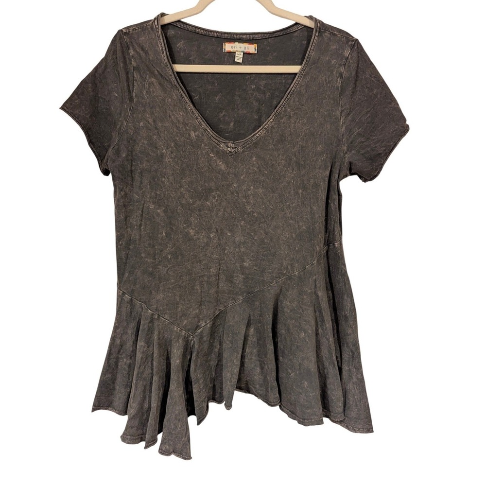 Eri + Ali Peplum Tee MP Gray Acid Wash Asymmetrical V-Neck Grunge Boho Top